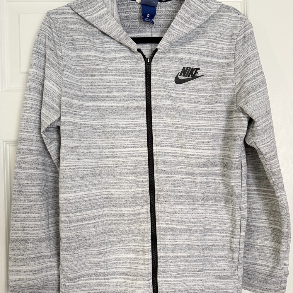 Nike Light Gray Striped Full-Zip Hooded Jacket with Black Logo